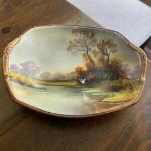 Noritake Porcelain 2 Handle Trinket Plate Lake & Foliage Landscape Japan VTG